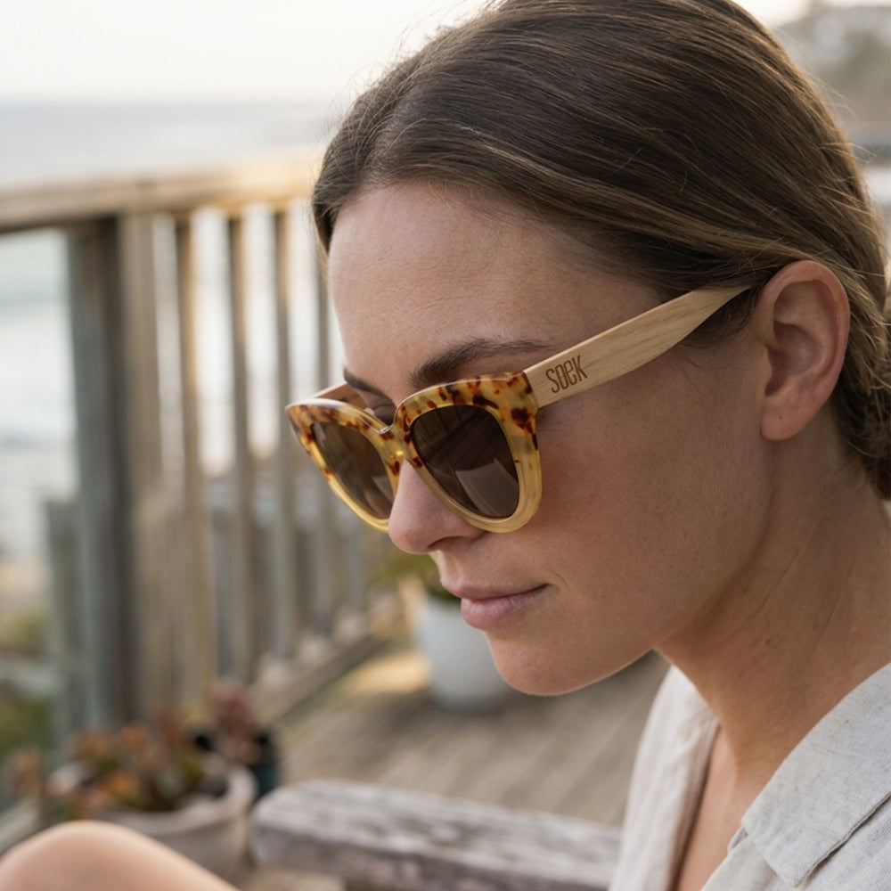 FLUTTER Desert Tort l Sunglasses l Brown Lens l White Maple Arms - Soek Fashion Eyewear Australia