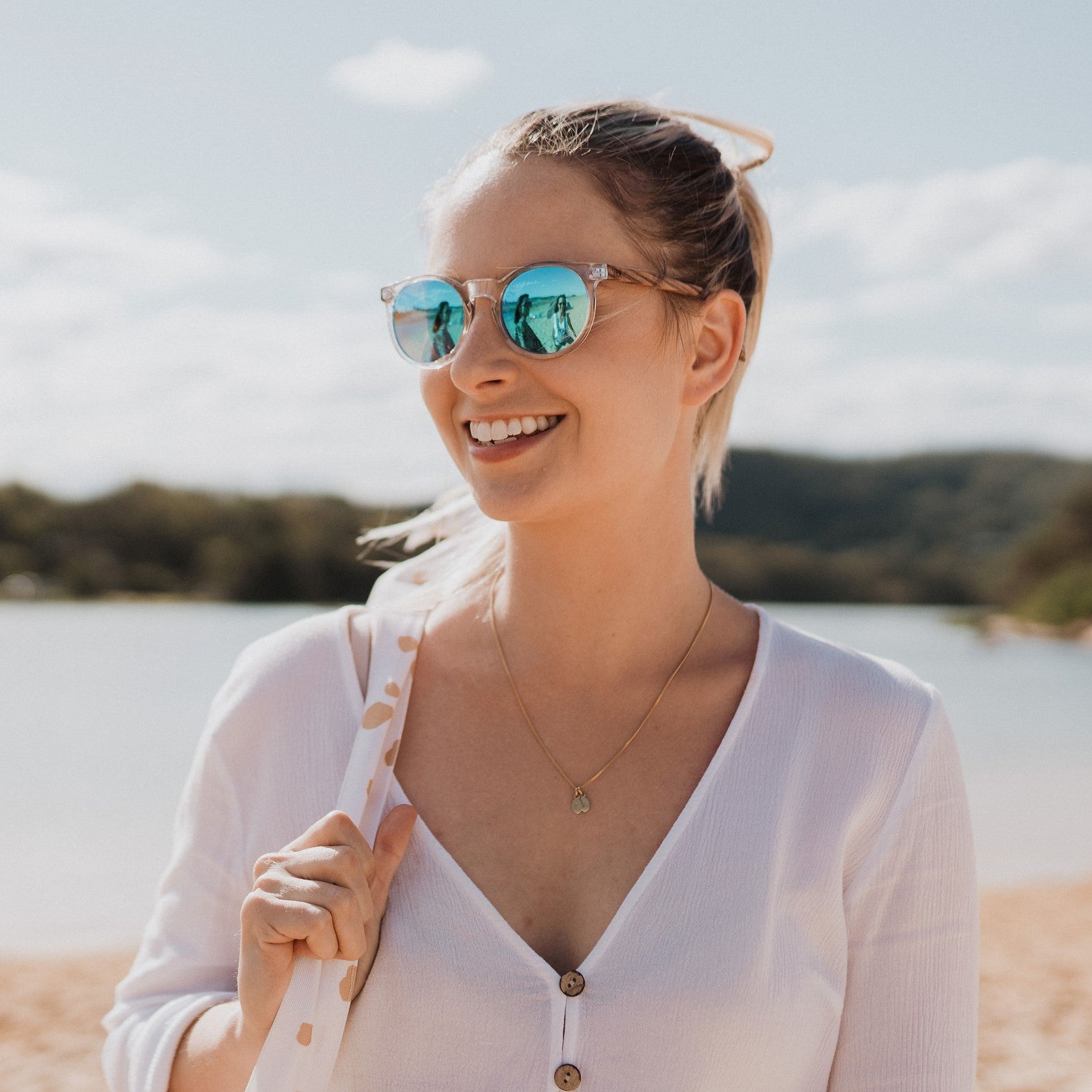 WINEGLASS BAY  Blue Reflective Lens l Walnut Wooden Arms - Soek Fashion Eyewear Australia