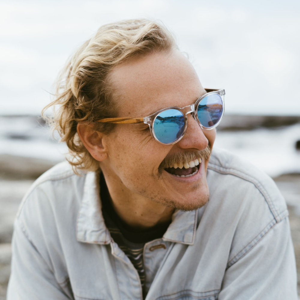 WINEGLASS BAY  Blue Reflective Lens l Walnut Wooden Arms - Soek Fashion Eyewear Australia
